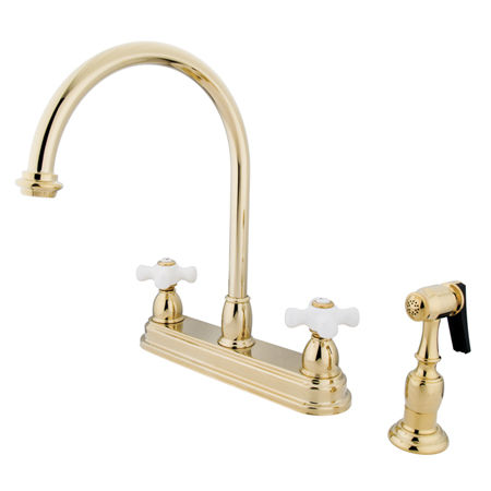Kingston Brass Two Handle Centerset Deck Mount Kitchen Faucet with Brass Side Spray KB3752PXBS, Polished Brass