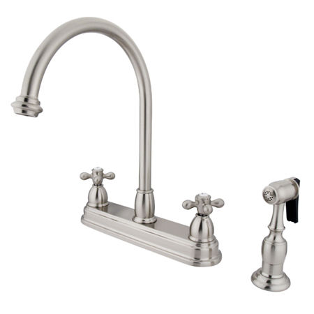 Kingston Brass Two Handle Centerset Deck Mount Kitchen Faucet with Brass Side Spray KB3758AXBS, Satin Nickel