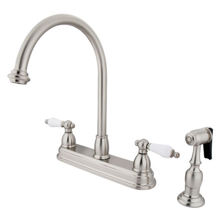 Kingston Brass Two Handle Centerset Deck Mount Kitchen Faucet with Brass Side Spray KB3758PLBS, Satin Nickel
