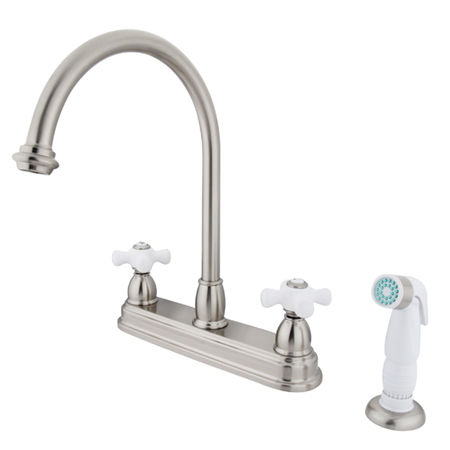 Kingston Brass Two Handle Centerset Deck Mount Kitchen Faucet with Side Spray KB3758PX, Satin Nickel