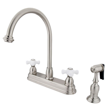 Kingston Brass Two Handle Centerset Deck Mount Kitchen Faucet with Brass Side Spray KB3758PXBS, Satin Nickel