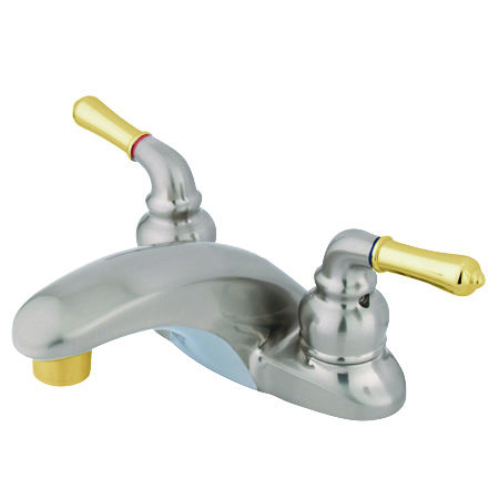 Kingston Brass Two Handle 4 in. Centerset Lavatory Faucet with Brass Pop-up Drain KB629LP, Satin Nickel with Polished Brass Accents