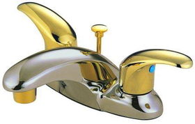 Kingston Brass Two Handle 4 in. Centerset Lavatory Faucet KB6629LL, Satin Nickel with Polished Brass Accents