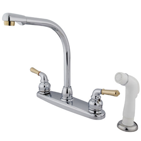 Kingston Brass 8 in. Center Kitchen Faucet with Side Sprayer KB754, Chrome with Polished Brass Accents
