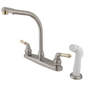 Kingston Brass 8 in. Center Kitchen Faucet with Side Sprayer KB759, Satin Nickel with Polished Brass Accents