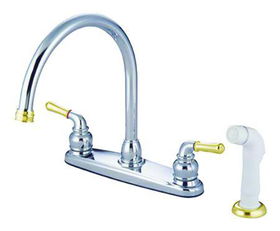 Kingston Brass 8 in. Center Kitchen Faucet with Side Sprayer KB794, Chrome with Polished Brass Accents