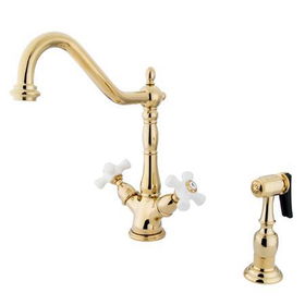 Kingston Brass Two Handle Centerset Deck Mount Kitchen Faucet with Brass Side Spray KS1232PXBS, Polished Brass