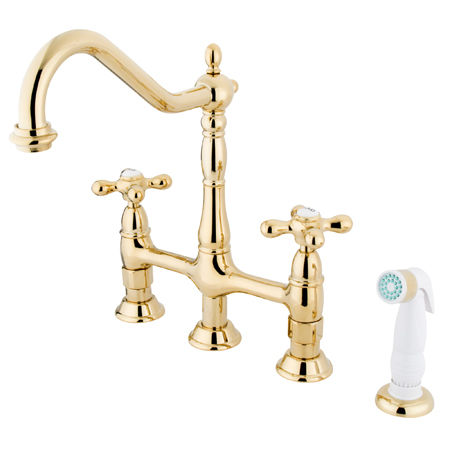 Kingston Brass Two Handle Centerset Deck Mount Kitchen Faucet with Side Spray KS1272AX, Polished Brass