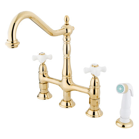 Kingston Brass Two Handle Centerset Deck Mount Kitchen Faucet with Side Spray KS1272PX, Polished Brass