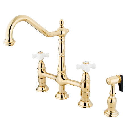 Kingston Brass Two Handle Centerset Deck Mount Kitchen Faucet with Brass Side Spray KS1272PXBS, Polished Brass