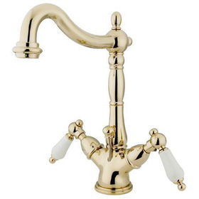 Kingston Brass Two Handle Centerset Deck Mount Lavatory Faucet with Brass Pop-up Drain KS1432PL, Polished Brass