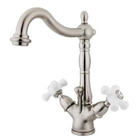 Kingston Brass Two Handle Centerset Deck Mount Lavatory Faucet with Brass Pop-up Drain KS1438PX, Satin Nickel