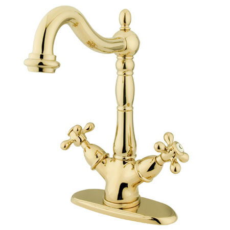 Kingston Brass Two Cross Handles Mono Deck Mount Bar Faucet KS1492AX, Polished Brass