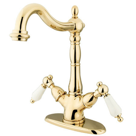 Kingston Brass Two Cross Handles Mono Deck Mount Bar Faucet KS1492PL, Polished Brass