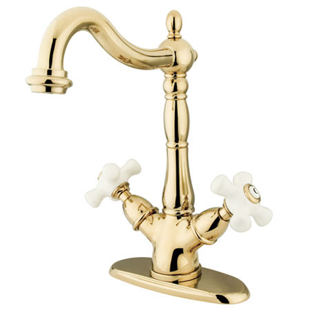 Kingston Brass Two Cross Handles Mono Deck Mount Bar Faucet KS1492PX, Polished Brass