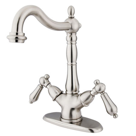 Kingston Brass Two Cross Handles Mono Deck Mount Bar Faucet KS1498AL, Satin Nickelkingston 