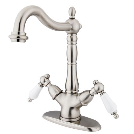 Kingston Brass Two Cross Handles Mono Deck Mount Bar Faucet KS1498PL, Satin Nickel