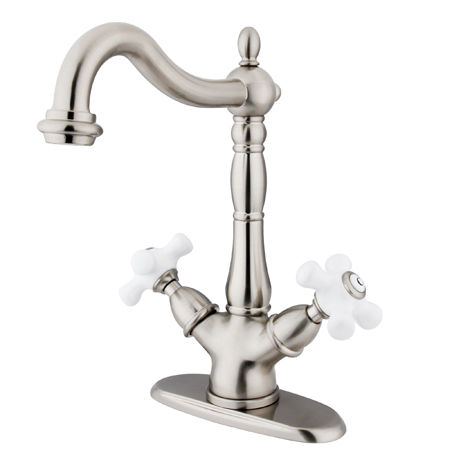 Kingston Brass Two Cross Handles Mono Deck Mount Bar Faucet KS1498PX, Satin Nickel