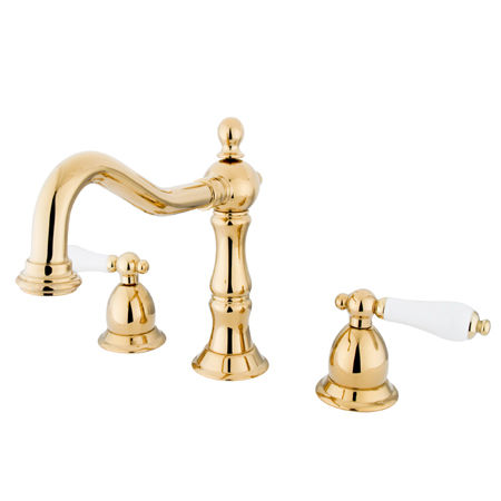 Kingston Brass Two Handle 8 in. to 16 in. Widespread Lavatory Faucet with Brass Pop-up Drain KS1972PL, Polished Brass