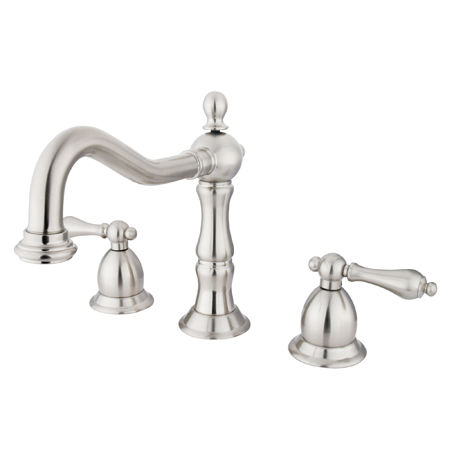 Kingston Brass Two Handle 8 in. to 16 in. Widespread Lavatory Faucet with Brass Pop-up Drain KS1978AL, Satin Nickel