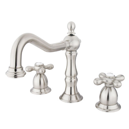 Kingston Brass Two Handle 8 in. to 16 in. Widespread Lavatory Faucet with Brass Pop-up Drain KS1978AX, Satin Nickel