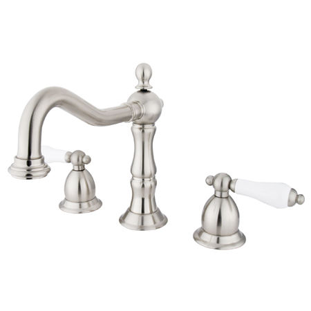 Kingston Brass Two Handle 8 in. to 16 in. Widespread Lavatory Faucet with Brass Pop-up Drain KS1978PL, Satin Nickel