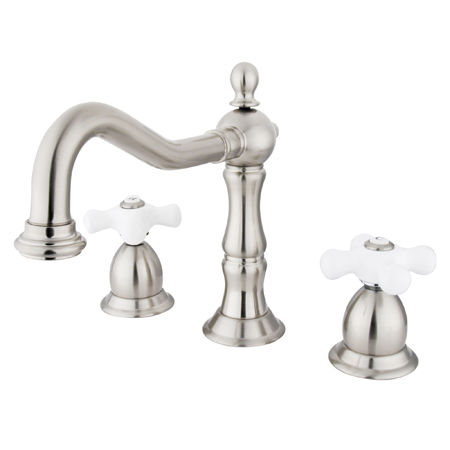 Kingston Brass Two Handle 8 in. to 16 in. Widespread Lavatory Faucet with Brass Pop-up Drain KS1978PX, Satin Nickel