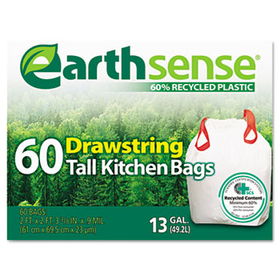 Earthsense GES6DK60 - Recycled Can Liners, 13 gal, .9 mil, 24.5 x 27.375, White, 60 Bags/Pack