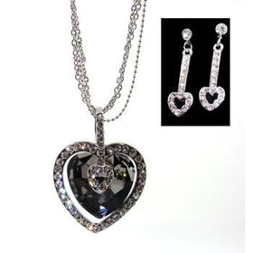 Crystal Heart Neck and Ear Set | Black Case Pack 1