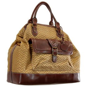 Women's Dual Handle Brown Synthetic Leather and Fabric Satchel