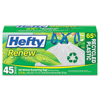 Hefty E48259 - Renew Recycled Kitchen & Trash Bags, 13 gal, .9mil, 24 x 27 1/4, WE, 45 Bags/Box