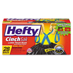 Hefty E86735 - Cinch Sak Tall Kitchen & Trash Bags, 30 gal, Black, 28 Bags/Box