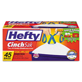 Hefty E86755 - Cinch Sak Tall Kitchen & Trash Bags, 13 gal, White, 45 Bags/Box