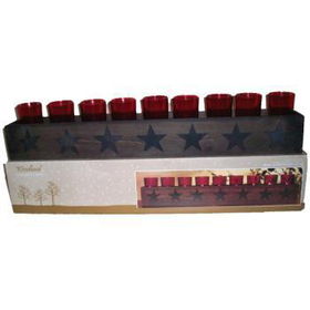 Wooden Stand with 9 Red Glass Candle Holders Case Pack 9