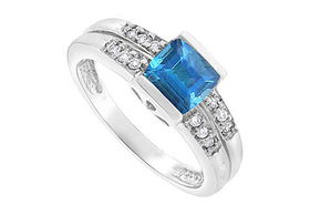 Blue Topaz and Diamond Ring : 14K White Gold - 1.50 CT TGW - Ring Size 9.5