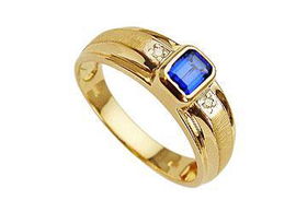 Blue Sapphire and Diamond Ring : 14K Yellow Gold - Ring Size 9.0blue 