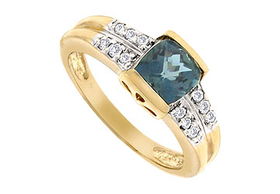 Blue Topaz and Diamond Ring : 14K Yellow Gold - 1.50 CT TGW - Ring Size 9.5blue 