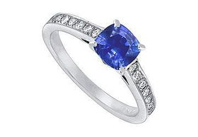 Blue Sapphire and Diamond Engagement Ring : 14K White Gold  1.25 CT TGW - Ring Size 9.0