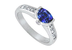 Blue Sapphire and Diamond Engagement Ring : 14K White Gold  1.50 CT TGW - Ring Size 9.0
