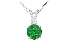 Diamond and Emerald Solitaire Pendant : 14K White Gold - 1.00 CT TGWdiamond 