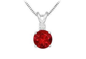 Diamond and Ruby Solitaire Pendant : 14K White Gold - 1.00 CT TGW