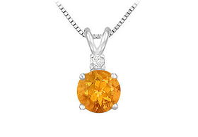 Diamond and Citrine Solitaire Pendant : 14K White Gold - 1.00 CT TGW