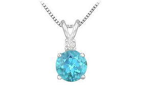 Diamond and Blue Topaz Solitaire Pendant : 14K White Gold - 1.00 CT TGW