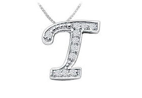 Script T Diamond Initial Pendant : 14K White Gold - 0.15 CT Diamonds