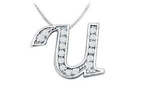 Script U Diamond Initial Pendant : 14K White Gold - 0.15 CT Diamonds