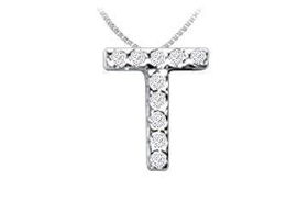 Classic T Initial Diamond Pendant : 14K White Gold - 0.10 CT Diamonds