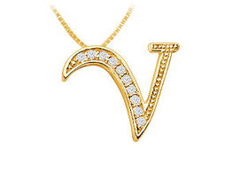 Script V Diamond Initial Pendant : 14K Yellow Gold - 0.25 CT Diamonds