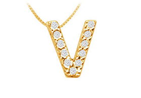 Classic V Initial Diamond Pendant : 14K Yellow Gold - 0.15 CT Diamonds