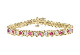 Pink Sapphire and Diamond S Tennis Bracelet : 14K Yellow Gold  3.00 CT TGWpink 