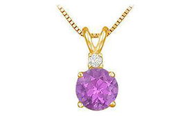 Diamond and Amethyst Solitaire Pendant : 14K Yellow Gold - 1.00 CT TGWdiamond 